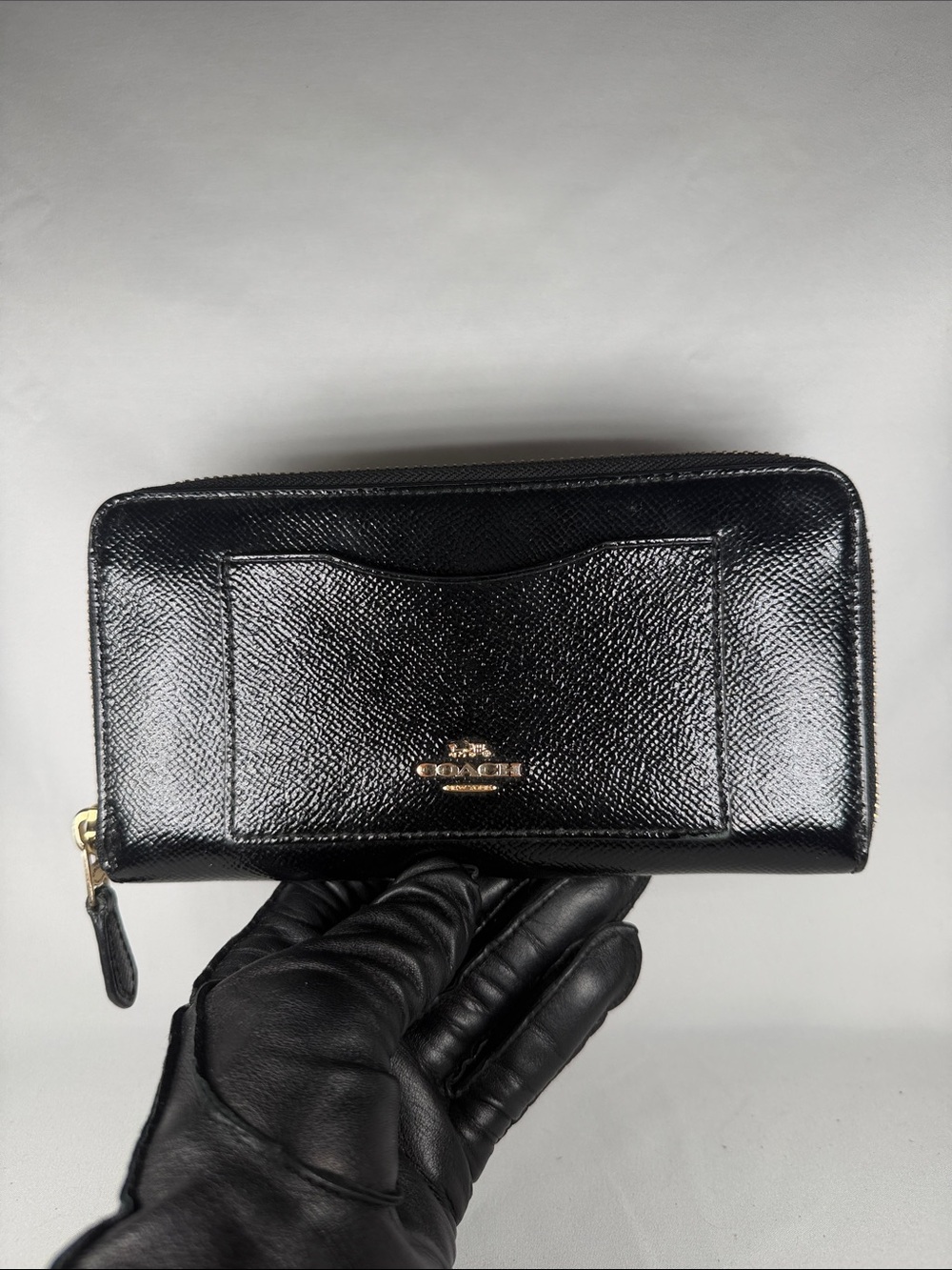 Authentic Coach Black Patent Leather Zip Wallet with Gold Hardware